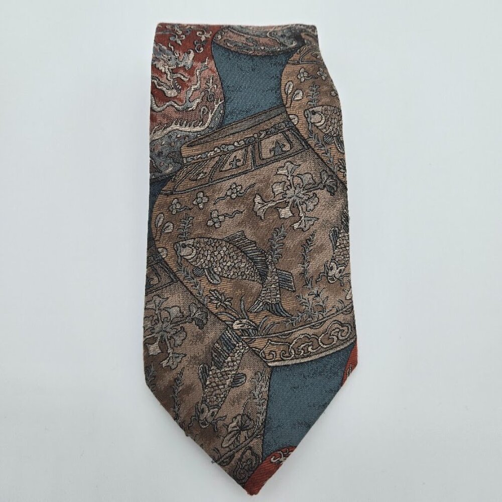 Oscar de la Renta Mens Tie Asian Koi Fish Dragons Couture Designer USA Made Vtg